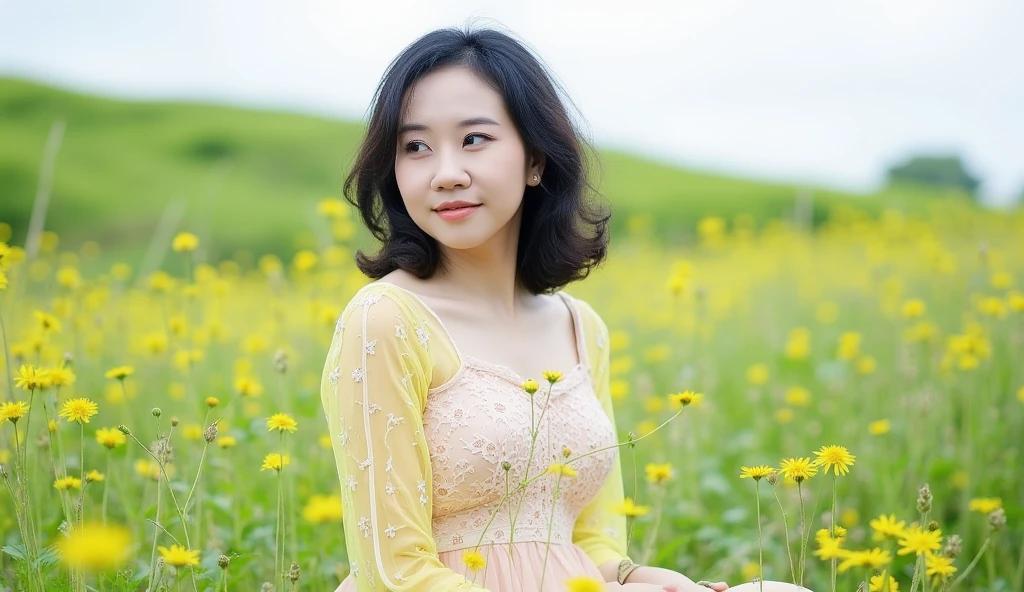 The image features a Korea woman standing in a field of tall grass and wildflowers. The woman has medium-length, dark hair and is looking slightly to her left with a soft, introspective expression. She is wearing a light-colored, lacy dress that cascades elegantly over the floral field. The dress is semi-transparent, revealing part of the woman's torso. perfect shape,