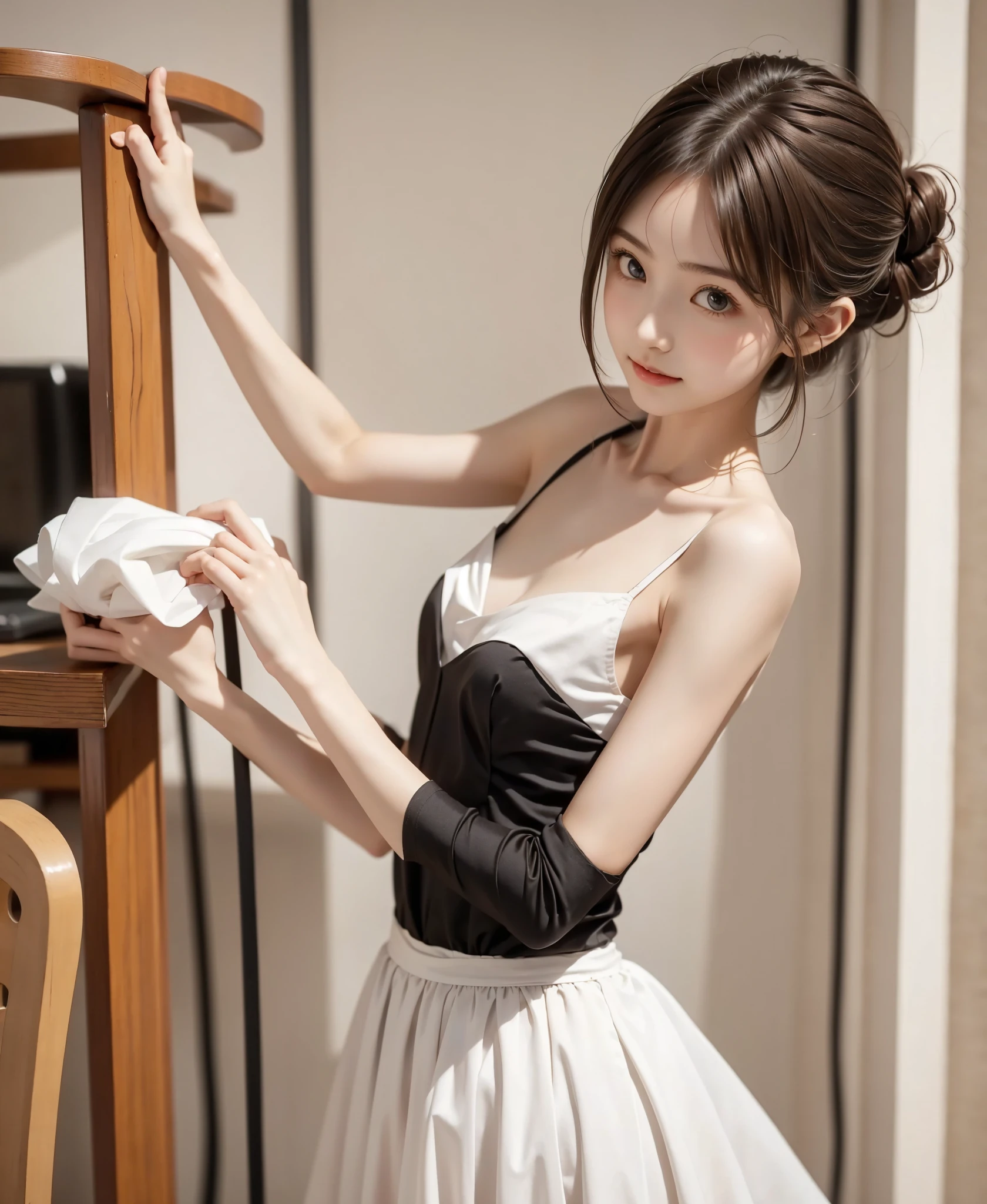 Maid, chignon hair,brown hair,slender body,cute pretty girl