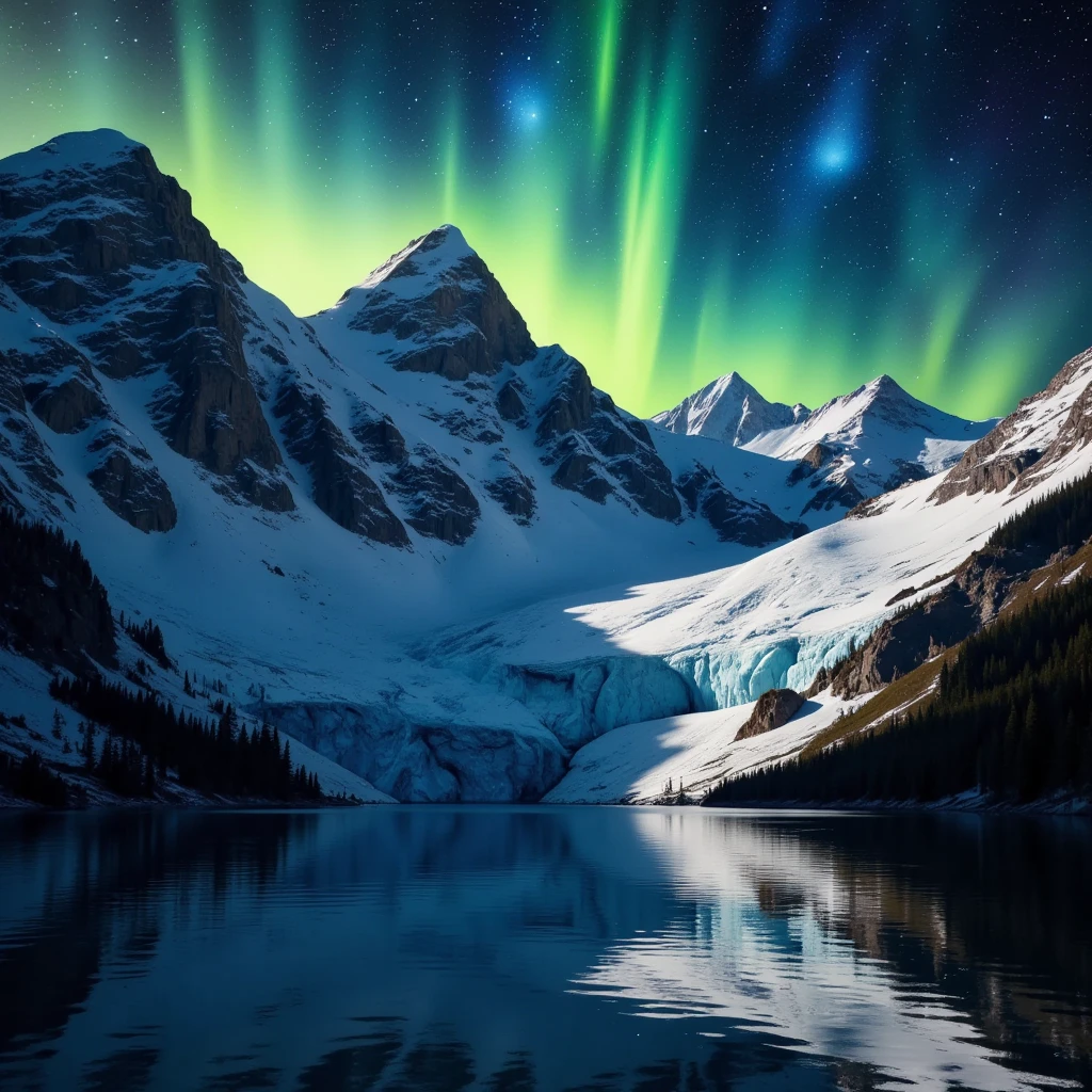 a breathtaking aurora borealis over a glacier landscape, detailed sky with mesmerizing green and blue lights, majestic snow-capped mountains, serene lake, detailed icy glacier formations, dramatic lighting, photorealistic, 8k, highly detailed, cinematic, epic, moody, dramatic