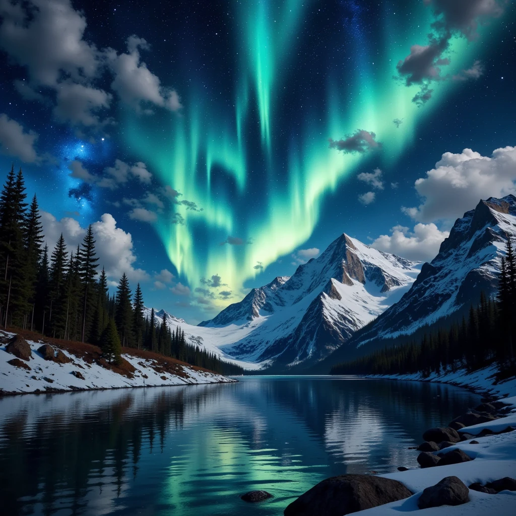 a breathtaking aurora borealis over a glacier landscape, detailed sky with mesmerizing green and blue lights, majestic snow-capped mountains, serene lake, detailed icy glacier formations, dramatic lighting, photorealistic, 8k, highly detailed, cinematic, epic, moody, dramatic