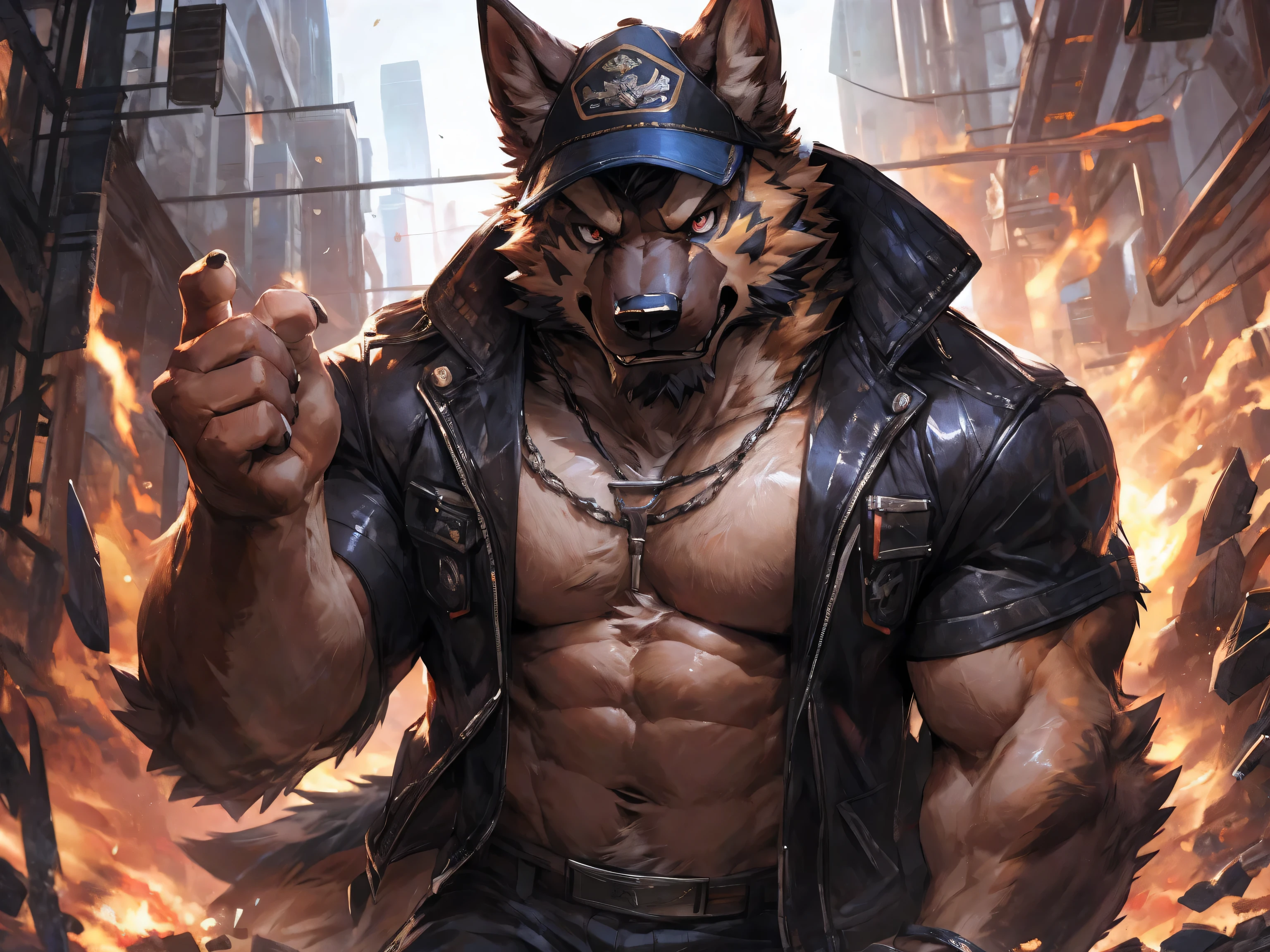 Solo, male, medium muscular, german shepherd, dog, shirtless, black leather jockstrap, jockstrap, leather shoulder gun holster, leather fingerless gloves, cigar, smoking cigar, cigar in mouth, nipple piercing ((focus body, furry focus, shades focus, body shades)) nice body, standing, posing, model, light, shades, 4k, high quality (((gray background, gray wallpaper, one color))), by darkgem, by mystikfox61