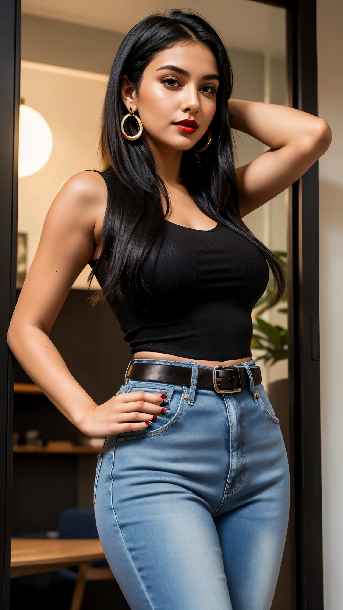 Create an ultra-realistic image of a modern, attractive female influencer of Indian descent, aged between 27 to 30. She should have a warm and inviting smile, expressive almond-shaped eyes with a slight shimmer, and clear, glowing skin with a medium brown complexion. Her features should be well-defined, with high cheekbones and a sharp jawline. Her hair should be long, thick, and wavy, with a natural shine and bounce, styled in loose waves with a subtle reddish hue. She should have a slender yet athletic build, with a noticeably larger bust size, reflecting a healthy and active lifestyle.
She is wearing a simple, form-fitting white tube top and stylish high-waisted, acid-wash jeans, complemented by a delicate waist hip belly chain that adds a touch of elegance. Her outfit is completed with stylish black heeled sandals that add elegance to her look. She accessorizes with subtle yet chic jewelry, such as small hoop earrings and a few thin bangles.
The scene shows her standing confidently against a rustic wooden backdrop. Her expression is calm and poised, exuding natural beauty and confidence. The lighting is warm, casting a golden glow that enhances her features. The overall aesthetic is casual and chic, suitable for a fashion-forward lifestyle influencer.