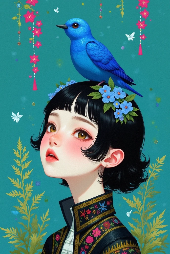 There is a bird on the girl&#39;S head in the painting  ，There is a blue bird on the head,  digital art inspired by Hsiao Rongcheng ,  winner of the Béchamps contest ,  pop surrealism, There&#39; with a bird on her head ,  a beautiful art illustration , Fantasy illustrations, Shin Jin Hye Art,  Beautiful digital illustrations ,  Beautiful digital illustrations , Sachinteng,  crown with blue flowers ,  Lovely illustrations 