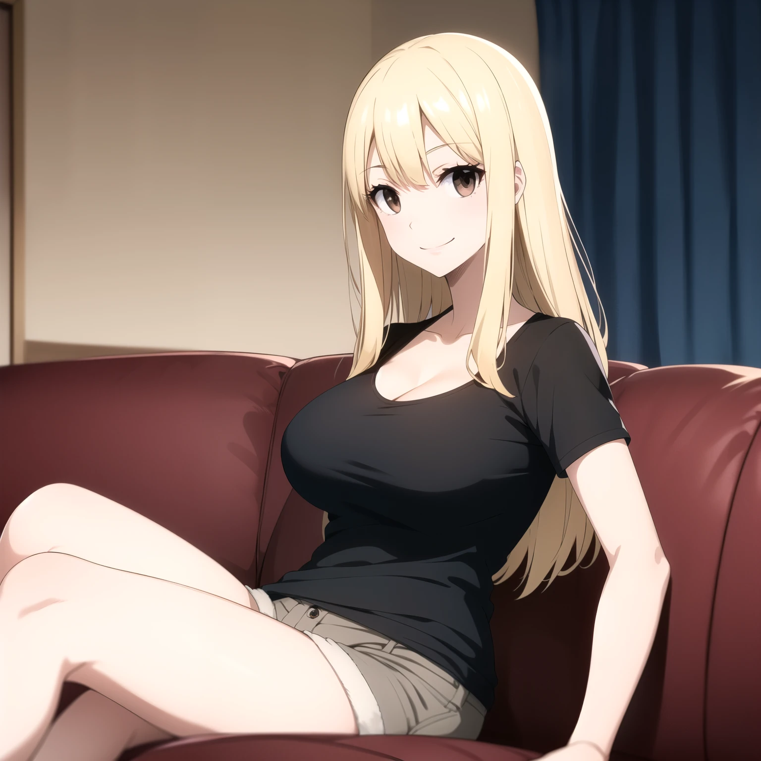  blonde golden-haired woman long hair ,  bright brown eyes ,  big breasts. happy smile,  short black shirt with wolf neckline. Shorts azules , Background a sofa .