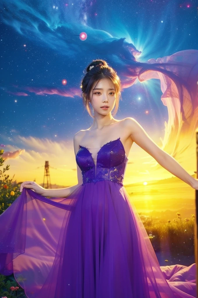 Master piece, a beautiful Chinese girl, wearing a purple long wedding_dress, hair bun, photo realistic, night, cosmos, outdoor, cosmos background, high quality