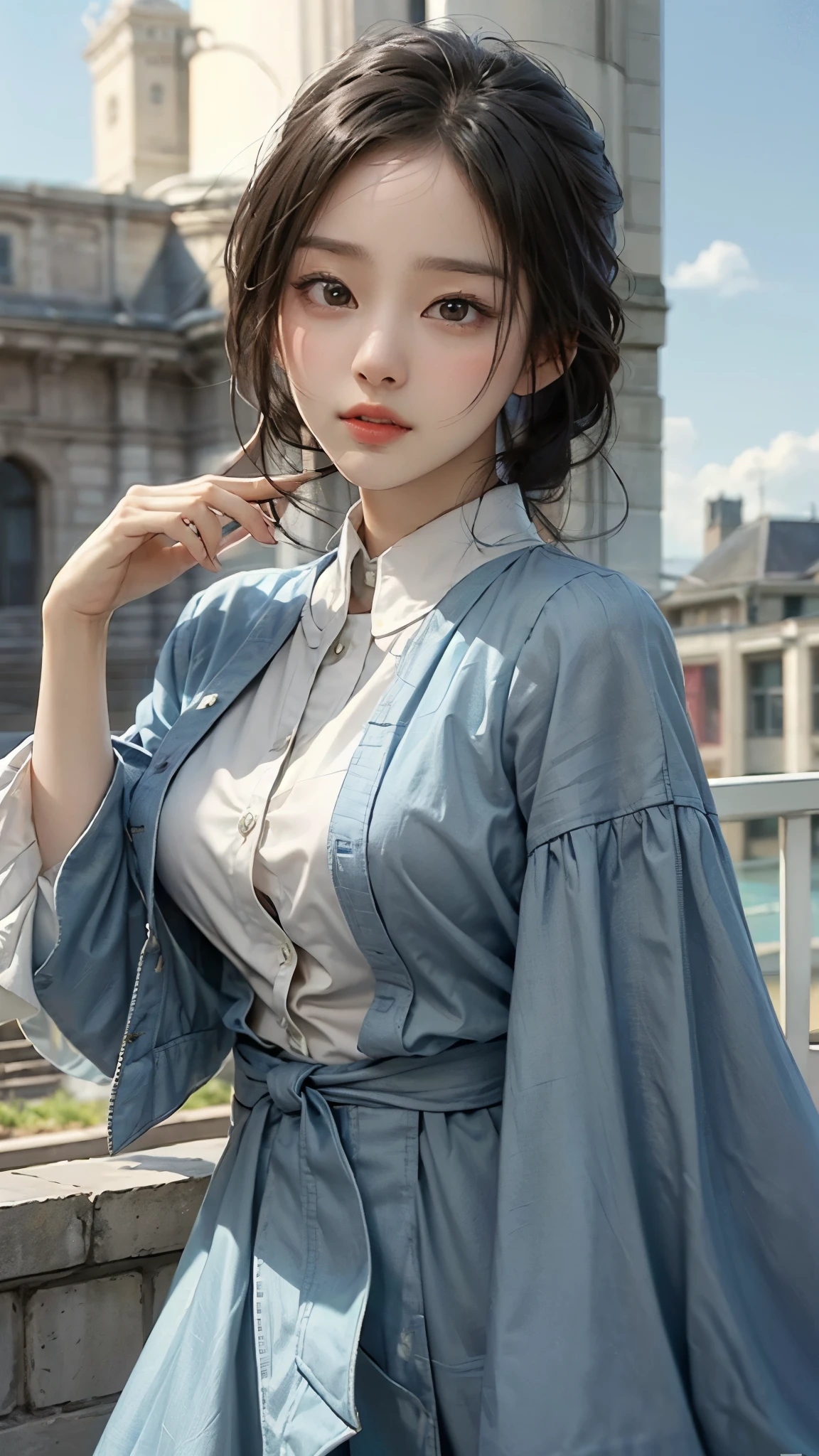 (masterpiece), (Top), ( High Quality Details ), (illustration), ( City Hall 1 Female  ),  above the bet , (Interview),  beautiful ,  detailed eyes, 섬세하고  beautiful  얼굴, Floating , (High saturation), (shining),  blue sky, 밝고  beautiful  얼굴,  Her skin is young, radiant, , Fair and shining, Top appearance, 매우  beautiful ,  Her big eyes are shining in a clear blue sky and staring at the audience, 아름답고 놀랍도록  beautiful  소녀가 관람객을 응시하고 있습니다,