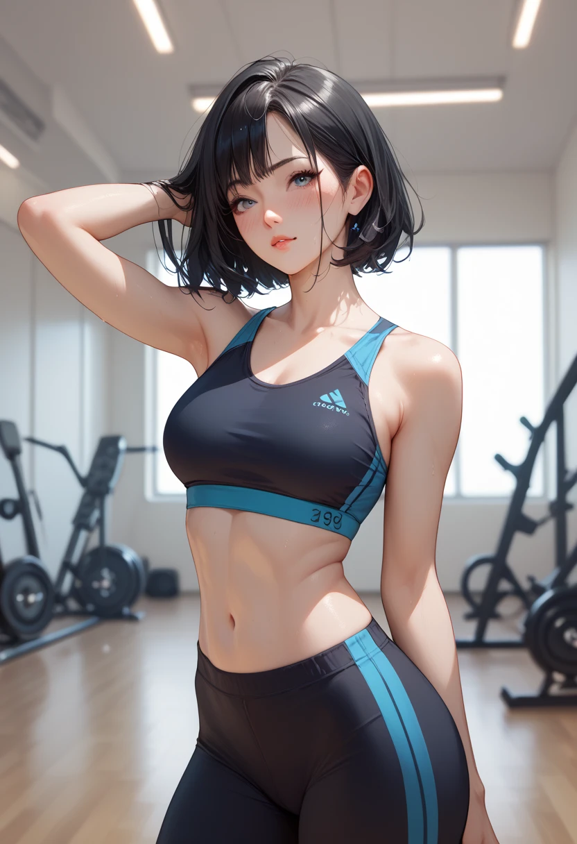 (((Highly detailed CG unit 8k wallpaper:1.2, masterpiece, High resolution:1.2, highest quality:1.2, table top))), ((very beautiful woman, A sports bra that makes your belly button look beautiful:1.5)), ((highly detailed face, Highly detailed black eyes, extra detailed body, highest qualityのリアルテクスチャスキン)), (black haired:1.2, short bob hair:1.2, white skin, smile), ((Alley without people, Mileland, school classroom:1.2)), (high angle:1.2, close, Fisheye:1.2), surreal, digital paint,