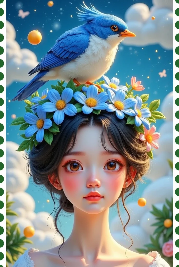 There is a bird on the girl&#39;S head in the painting  ，There is a blue bird on the head,  digital art inspired by Hsiao Rongcheng ,  winner of the Béchamps contest ,  pop surrealism, There&#39; with a bird on her head ,  a beautiful art illustration , Fantasy illustrations, Shin Jin Hye Art,  Beautiful digital illustrations ,  Beautiful digital illustrations , Sachinteng,  crown with blue flowers ,  Lovely illustrations 