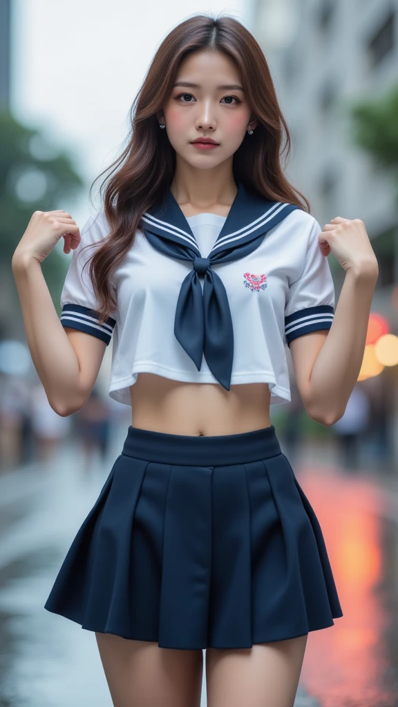 Beautiful Japanese Female Student ,  cowboy shot:1.331,  raise both arms, Show me your armpits, Front View:1.331, (Best Quality:1.4),  32k high resolution UHD  , (masterpiece:1.2),  extremely detailed real photo , (Realistic, 超Realistic:1.4), Beautiful Japanese woman ,  famous beautiful Japanese idol  ,  detailed face,  beautiful face,  symmetrical eyes,  very beautiful eyes  ,  Jessica Biel , Perfect composition, Proper placement, Golden Ratio, Dusk of the Rain ,  Heavy Heavy Rain Outside  , Guerrilla rainstorm, Large typhoons , Thunderstorm  ,  Faint Light Shining Through a Gap in the Clouds , On the city streets,  anatomically correct ratio  :1.331,  has a small head :1.331, Slender body:1.331,  thin waist:1.331, Thin limbs:1.331,  flat chest:1.331,  Japanese high school sailor suit  :1.21, Short sleeve clothing, White short-sleeved sailor uniform :1.21, sera fuku:1.21,  navy miniskirt , barefoot,  I can see her belly button  , Brown Hair,  wavy hair  :1.21,  Beautiful Hair Fluttering in the Wind  ,