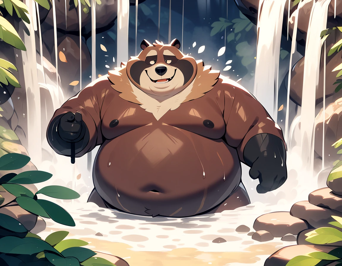 Big fat raccoon man, Fat face、masterpiece,  best quality , VERY BEAUTIFUL、kimono、Right under the waterfall、滝でshower、 beautiful splashes 