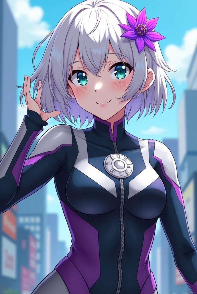 <lora:gwen_1.5:0.6>,gwen stacy,spider-gwen suit,bodysuit,superhero,(blonde hair and pink hair:1.1),blue eyes,(buzz cut:1.1),animification,eyebrow piercing face focus,(upper body:1.1),14yo,(skinny slim:1.3),(middle breasts:1.2),masterpiece,best quality,1girl,city,open eyes,blush,narrow waist,looking at viewer,standing,smile,solo focus,photorealistic,extremely detailed,(from front:1.1),highres,<lora:Perky-Breasts-V3:0.8>,