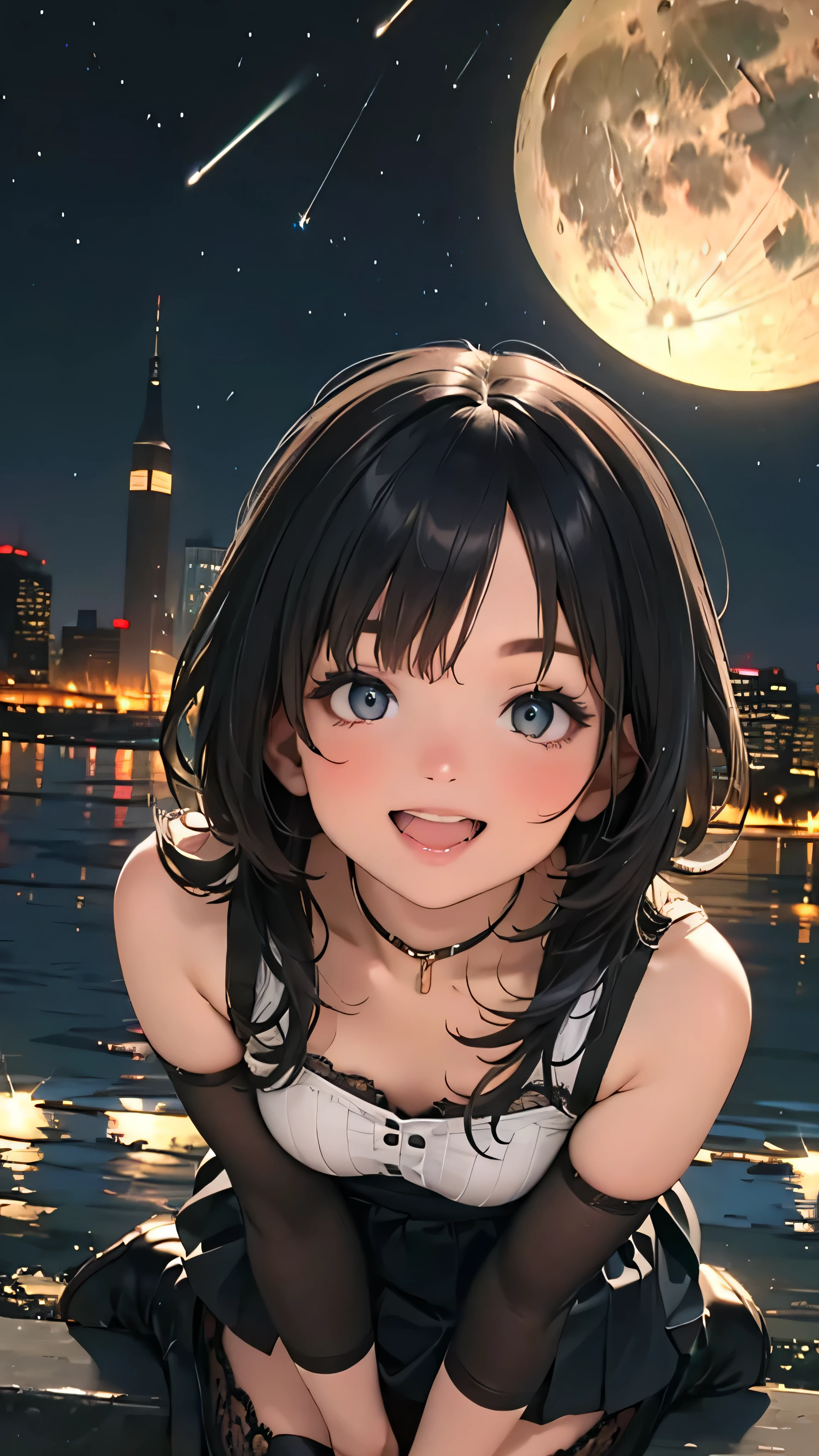  very detailed, ((( very detailed目と顔))), Realistic Portrait , ( best quality, masterpiece,  high definition ), ( high definition スキン: 1.2), 8K Ultra HD,  background blur, smile, Get excited,  one woman, midnight,  absurd, (abyss), Dark Background,  black background, Reflection of light, full moon, meteor shower, starry sky, tiered skirt, lace tops,  long boots