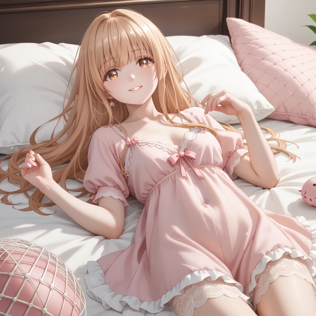 Character Mahiru Shiina ,  , a beautiful and charming girl ,  sweet smile , wealthy mansion ,  character with long golden hair and light brown eyes,luxurious big room pink  , Wearing a cute white and pink nightgown,  lying on the bed ,  pink and luxurious bed ,1girl,  put on a pink mosquito net bed ,