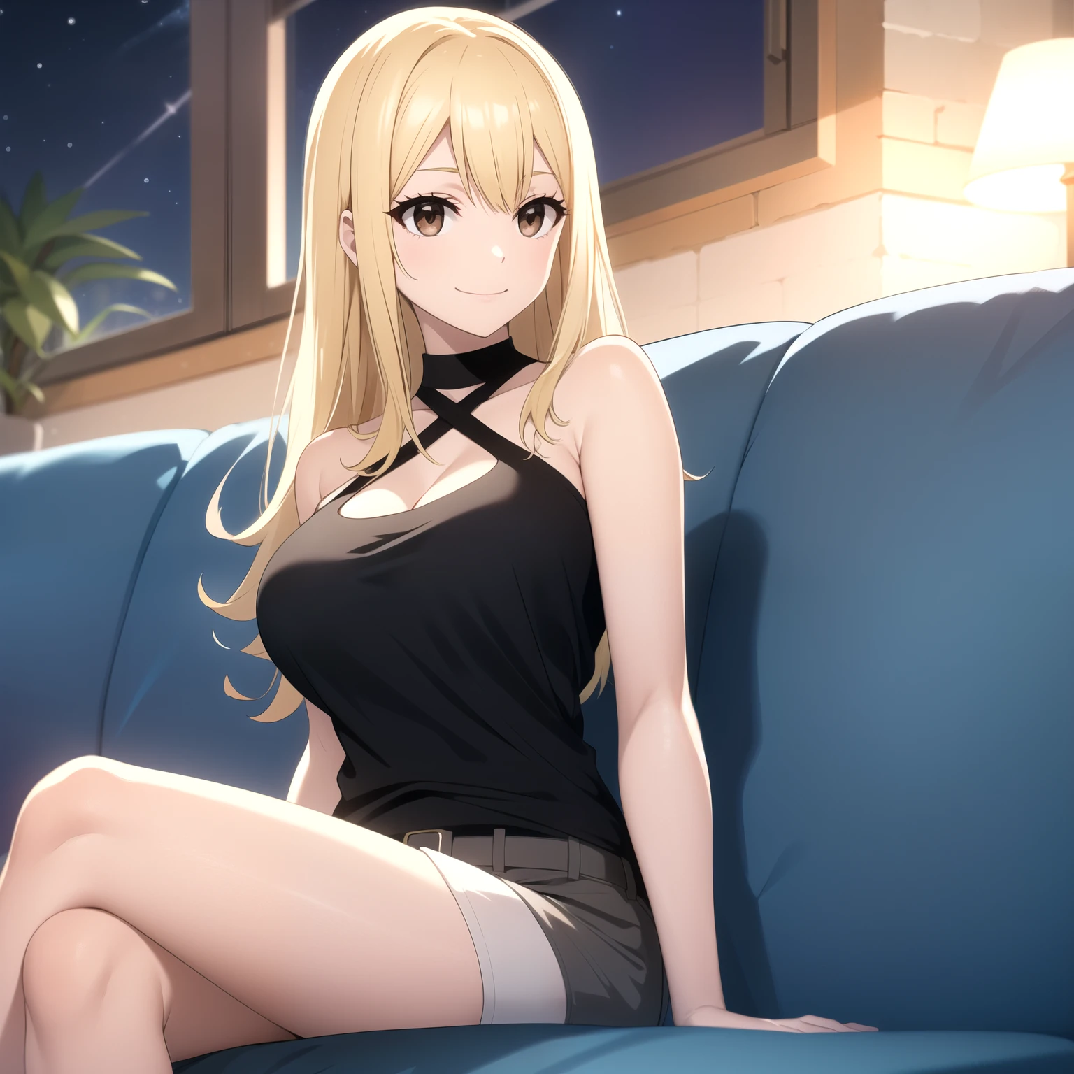  blonde golden-haired woman long hair ,  bright brown eyes ,  big breasts. happy smile,  short black shirt with wolf neckline. Shorts azules , Background a sofa .night.