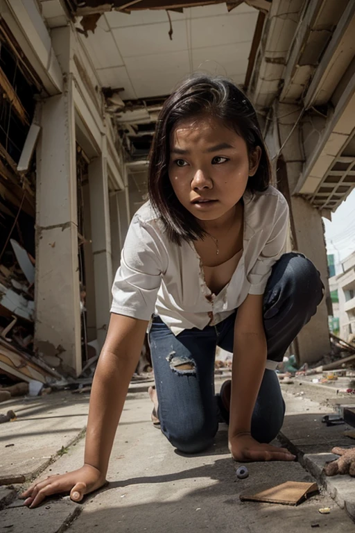  A beautiful young Indonesian girl is in an earthquake disaster ,  she is crawling crawling on the highway of an office area that is crumbling, slight injury , her clothes are torn to shreds ,  her pretty face looks so scared and miserable, very realistic,  very detailed, best , up -side view,