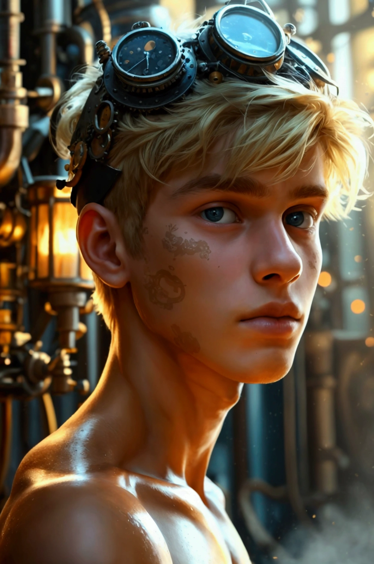 A photo of a young  male cute boyish imature shirtless 18yo teenager, Innocent face, innocent expression super skinny, blond, handsome, cute handsome boyish face,   wearing a super tight shorts hyperrealism photo. Full-body male focus. Focus on male cuteness.  Perfect anatomical proportions.(( Shirtless posing )) for his photograph in front of an intricately designed steampunk industrial building  with many intricate steampunk gadgets. Steampunk setting. Perfect face. Coal dust streaks on his bare chest and arms. ((Not muscular)) no shirt