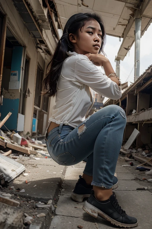  A beautiful young Indonesian girl is in an earthquake disaster ,  she is crawling crawling on the highway of an office area that is crumbling, slight injury , her clothes are torn to shreds ,  her pretty face looks so scared and miserable, very realistic,  very detailed, best , up -side view,