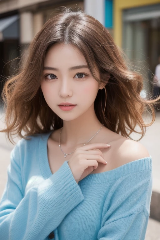  eyes that are drawn in, A woman takes a picture of a magazine cover as a real , Woman shooting outdoors as a model , Top Model, Blonde, Medium hair with loose inner curls,  street fashion-conscious clothing, Talented , Kind personality,  very detailed woman , Urban hustle and bustle in the background ,  detailed hair,  Highly Detailed Faces and Eyes, Eyes with asymmetrical sides , Precise Representation,  thin lips with raised corners of mouth, Mouth details,  Natural Look  , Perfect Posing , Sloping shoulders, Accurate hand expression, Detailed feet, masterpiece,  ultra high resolution,  super quality, 32K,16k, 8k, Picture-smooth quality,  cowboy shot,  professional lighting,  perfect angle,  natural color lips,  ,  photos that are definitely not SFW,  photos that are definitely not SFWのようにGenuine, Original photo, Shiny Hair,  growing skin that does not depict the nasal cavity ,  model body type , Genuine,  Japanese woman , university student, Very beautiful, Japanese actress, Natural Expression, break, A confident look, strong,  is cool, Cosmetic pouch, Tiffany Blue, A beauty that instantly captivates you,  serious expressions, I love fashion Unvolume ,  natural makeup, Cute gestures, early summer, See-through sleeves,  Necklaces , Innocent,  favorite hair and makeup, 