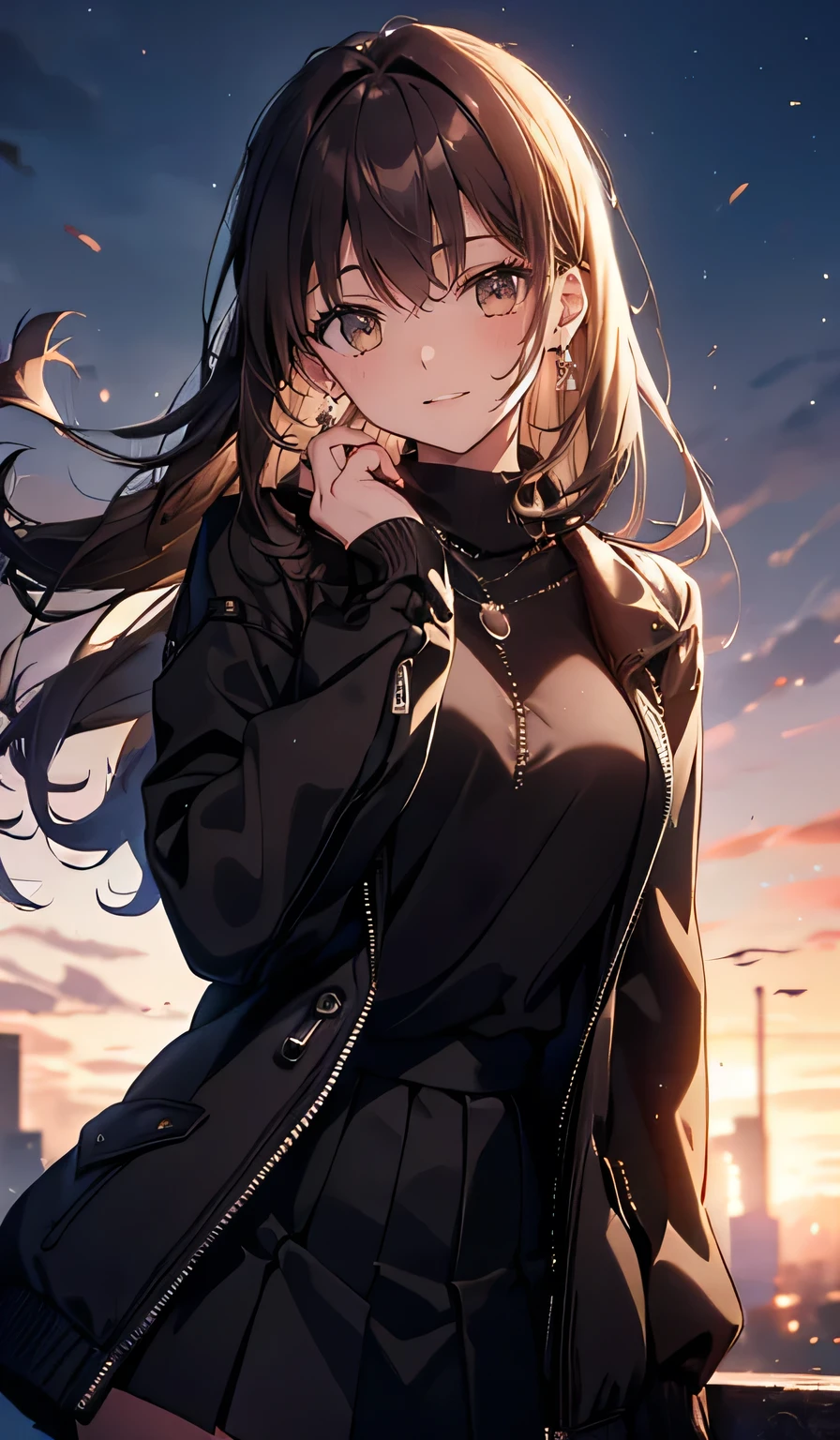 ((smile,smile,Big Breasts)),( best quality,4K, high definition :1.2), ((masterpiece, best quality)), Very Aesthetic , absurd, one girl who is at ease, Ahoge, bangs, black skirt, black sweater, Blurred, Blurred background, Chest, Brown Eyes , brown hair, brown jacket, Shut up, day, Depth of Written Boundary, earrings for a woman alone, eyelash , raise your hand, tilting your head , jacket, jewelry, Long Hair, Long Sleeve , Show viewer , medium Chest, Manicure, open clothes, open jacket, Outdoor, Pout your lips, Tuck in your shirt, side lock , skirt, The sleeve is longer than your wrist, Alone, sweater, upper body, zipper, smile,