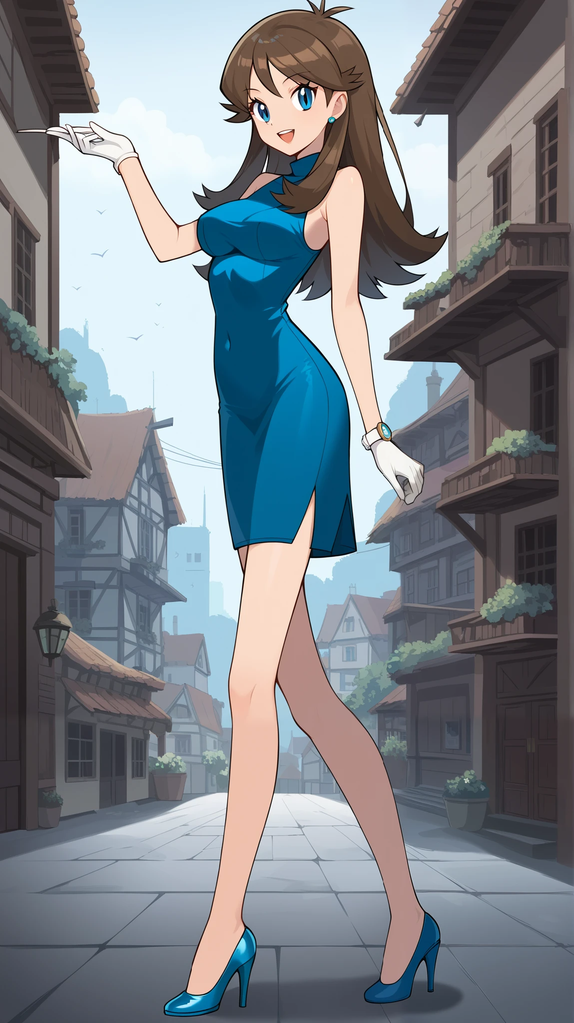  score_9,  score_8_Excellent,  score_7_Excellent,  score_6_Excellent,  best quality,  source_Anime,  cell shading ,  Flat Color , vector,  detailed background, town, building,  break 1 girl , Alone, (\ Pokémon\),  brown hair, Long Hair,  blue eyes, Ample breasts,  Watch Viewers, 1 Female, Age 18,  standing, whole body,  slim figure, Outdoor,  seductive smiles from all around,  provocative smile , Blue sleeveless shirt, green long slit skirt,  put one hand on the lower back ,  Tall,  high heels, bare hands, No gloves,
