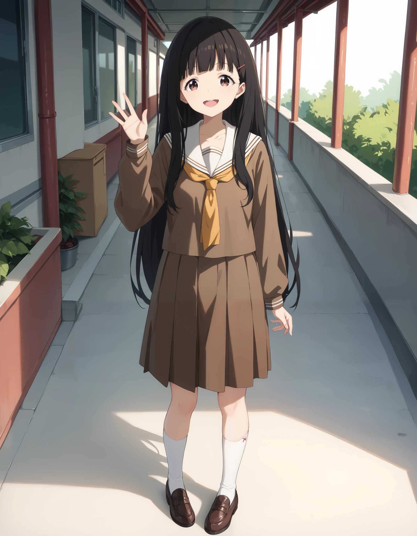 Masterpiece, hd, best quality, kajunukumizu, long hair, bangs, black hair, brown eyes, very long hair, school uniform, serafuku, brown serafuku, yellow bandana, long sleeves, white sailor collar, black socks, brown shoes, standing, fullbody, waving hands, outdoor, smile, happy, openied mouth 