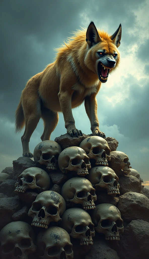 "A hyper-realistic image of a majestic dog standing on a pile of human skulls. The scene is set against a dramatic sky, the dog looks proudly into the distance. The skulls are scattered beneath the dog's paws. The image has a sense of power and dominance.