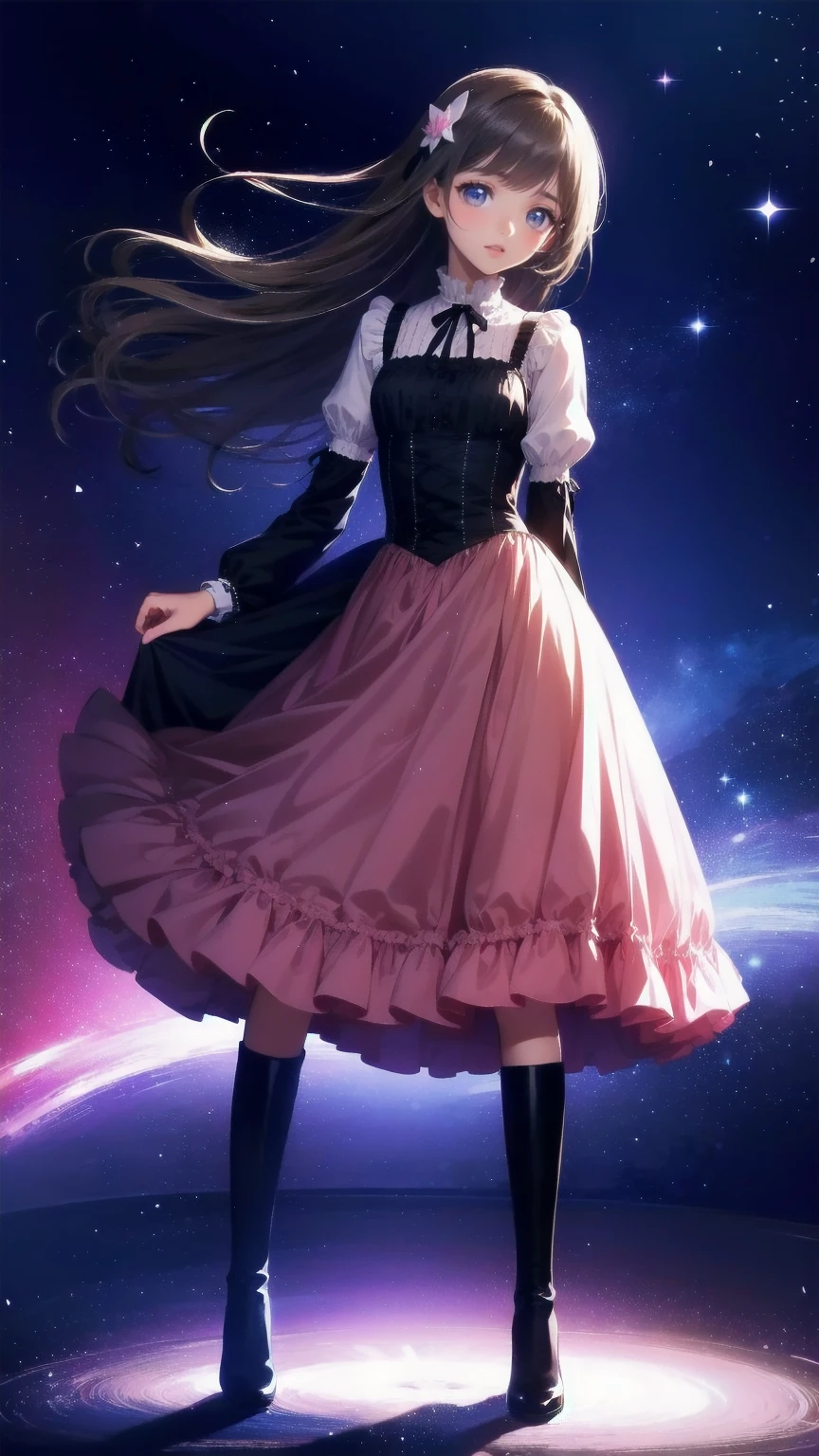 、 beautiful girl、とてもcute天使、 pink gothic dress 、cute、baby face、smile、 long skirt、 black long boots 、
