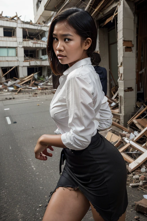 A beautiful young Indonesian office worker is in an earthquake disaster,  she is crawling crawling on the highway of an office area that is crumbling, slight injury , her clothes are torn to shreds ,  her pretty face looks so scared and miserable, very realistic,  very detailed, best , up -side view,