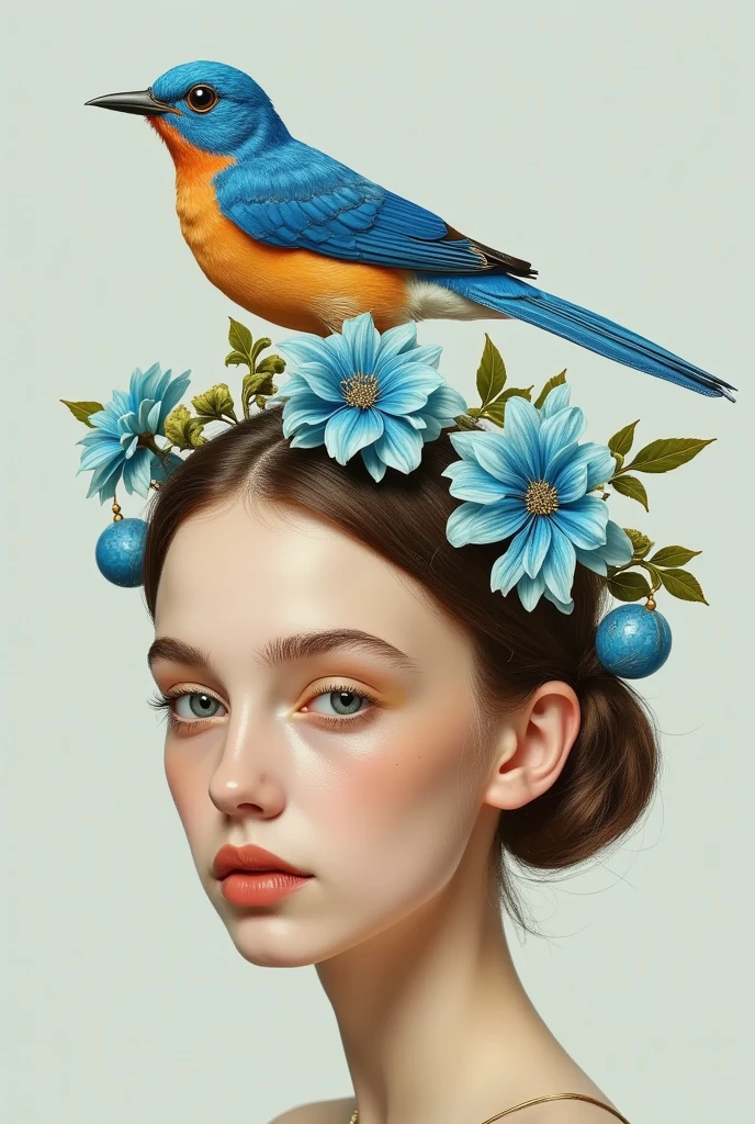 There is a bird on the girl&#39;S head in the painting  ，There is a blue bird on the head,  digital art inspired by Hsiao Rongcheng ,  winner of the Béchamps contest ,  pop surrealism, There&#39; with a bird on her head ,  a beautiful art illustration , Fantasy illustrations, Shin Jin Hye Art,  Beautiful digital illustrations ,  Beautiful digital illustrations , Sachinteng,  crown with blue flowers ,  Lovely illustrations 