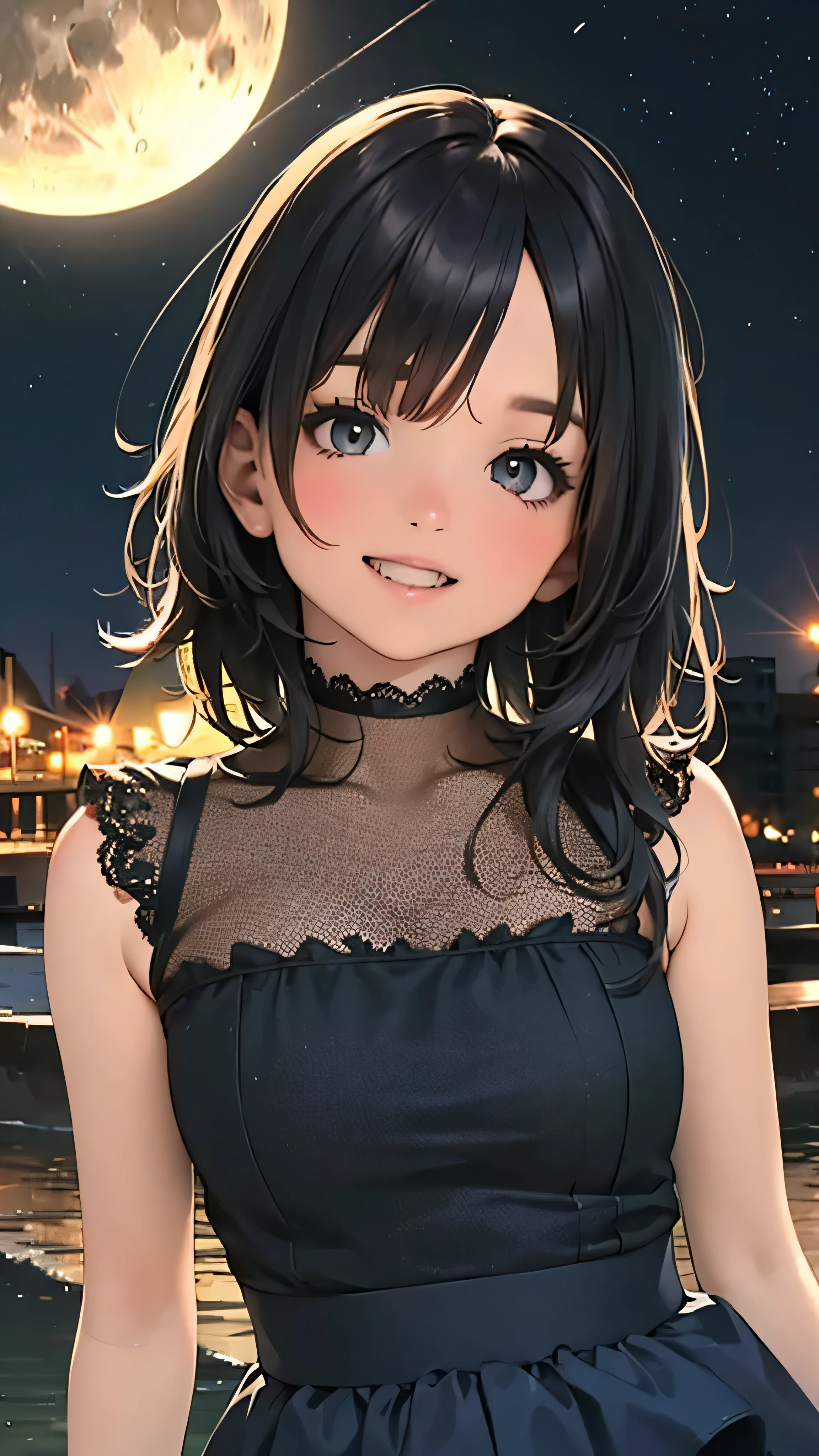  very detailed, ((( very detailed目と顔))), Realistic Portrait , ( best quality, masterpiece,  high definition ), ( high definition スキン: 1.2), 8K Ultra HD,  background blur, smile, Get excited,  one woman, midnight,  absurd, (abyss), Dark Background,  black background, Reflection of light, full moon, meteor shower, starry sky, tiered skirt, lace tops