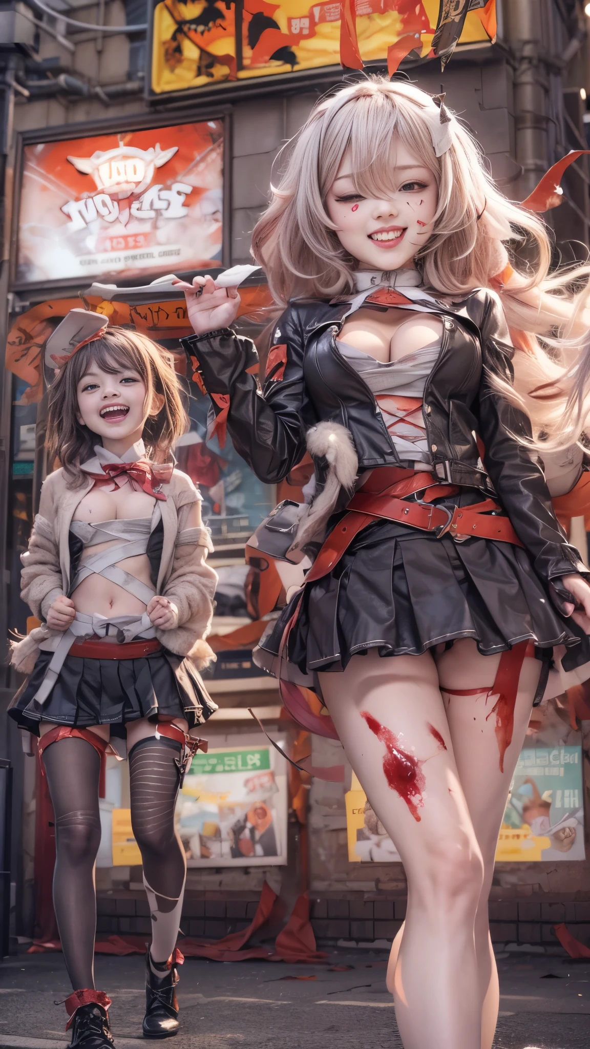 (((SFW, NSFW STILL SHOW, 12 Tiny Girls in a row:1.2, Shibuya Hachiko-mae scramble crossing on Halloween:1.2))), ((masterpiece:1.2, best quality, photorealistic:1.37)), { (Standing Full Body:1.2)|(from below:1.2) }, { bandaged full body | Cut-off Sailor Uniform:1.2 , underboob }, { bandaged head | bandaged limbs | (( bleeding from pussy)) | ((dripping blood from the crotch )) }, { ((naked bandage))|metallic red nipple stickers }, { (bloody)|blood paste|(Blood-stained bandages| bloody inner thighs) }, ((Detailed KAWAII face, Detailed glistening ivory skin)), {Bustling street|Crossroads|(Passerby schoolgirls)| halloween| neon}, {(Childish:1.2|Gigantic Cleavage:1.37|Underboob:1.2)}, {Red highheels | Hair ornaments |shotgun|random hair colors}, {Floating hair|Strong wind|Red Moon|(((Ass focus, open thighs)))| (((flying magic:1.4))) | (Skirtlift)}, {(Kissing face to face)|:p|:d|laugh|sparkle|joyful|delighted|Drunk},extremely Detailed,