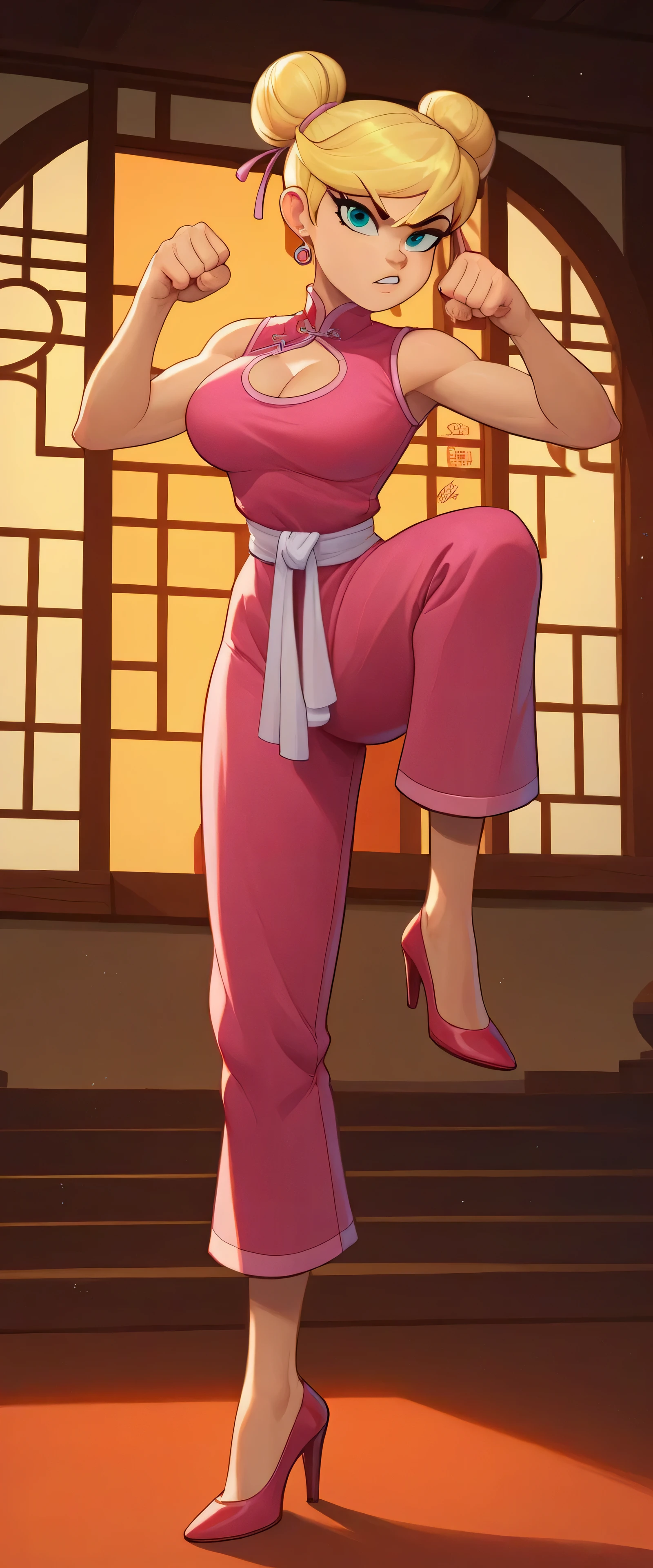 lola loud, 1girl, solo, 24yo girl, large breasts, pink cheongsam,  inside of a chinese temple, looking at viewer, blonde hair, two hair buns , hands  score_9, score_8_up, score_7_up, high heels, teep fighting stance,martial arts,  chest window