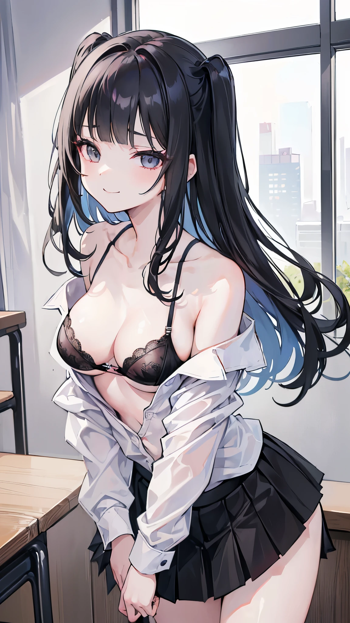  high schoolooks like an elementary school st short, 140 cm tall, black slight green tinge, short ahoge, beautiful long hair but with a little hair sticking out, beautiful round eyes, blue eyes, smile, boyish, big breasts, hair longer than waist, long hair, childish face, gentle smile, a little shy, black hair with a slight green tinge, boyish, gentle smile, Silk Lingerie Set