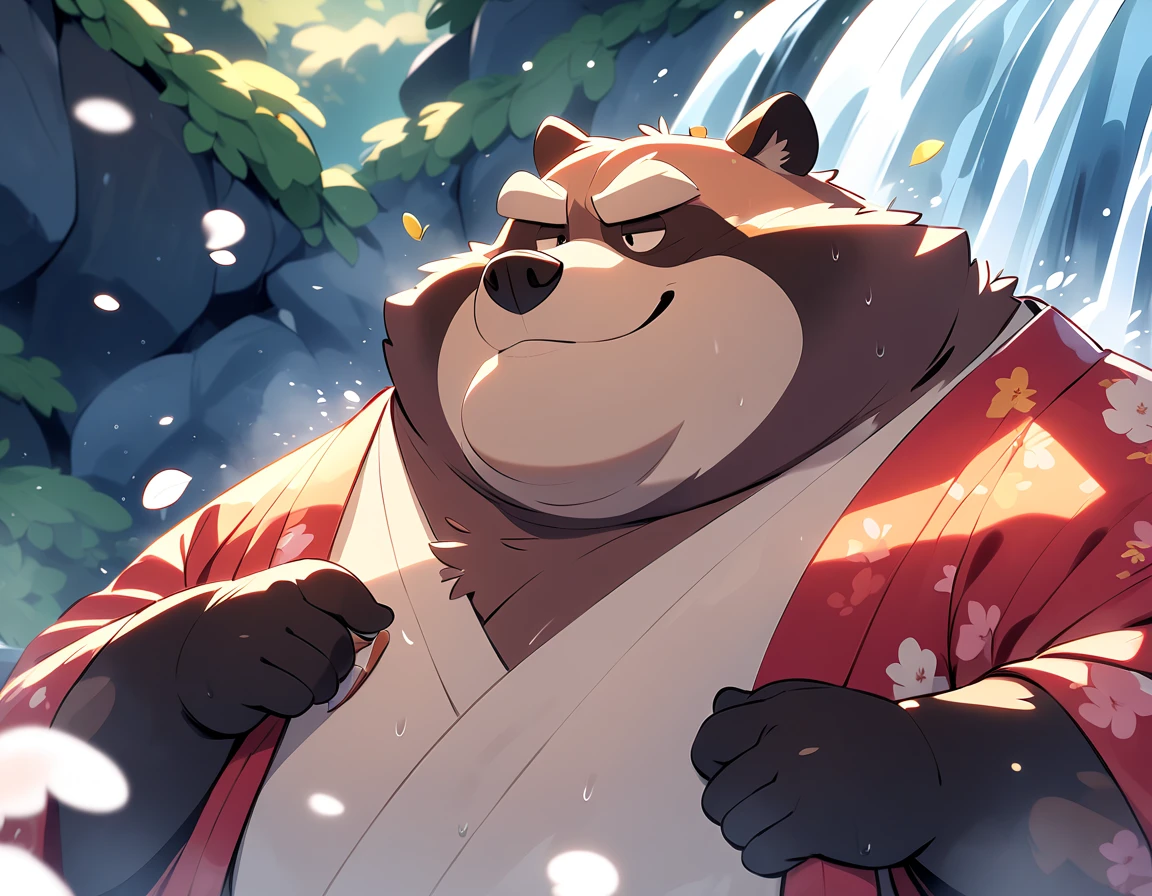 Big fat raccoon man, Fat face、masterpiece,  best quality , VERY BEAUTIFUL、kimono、Right under the waterfall、滝でshower、 beautiful splashes 