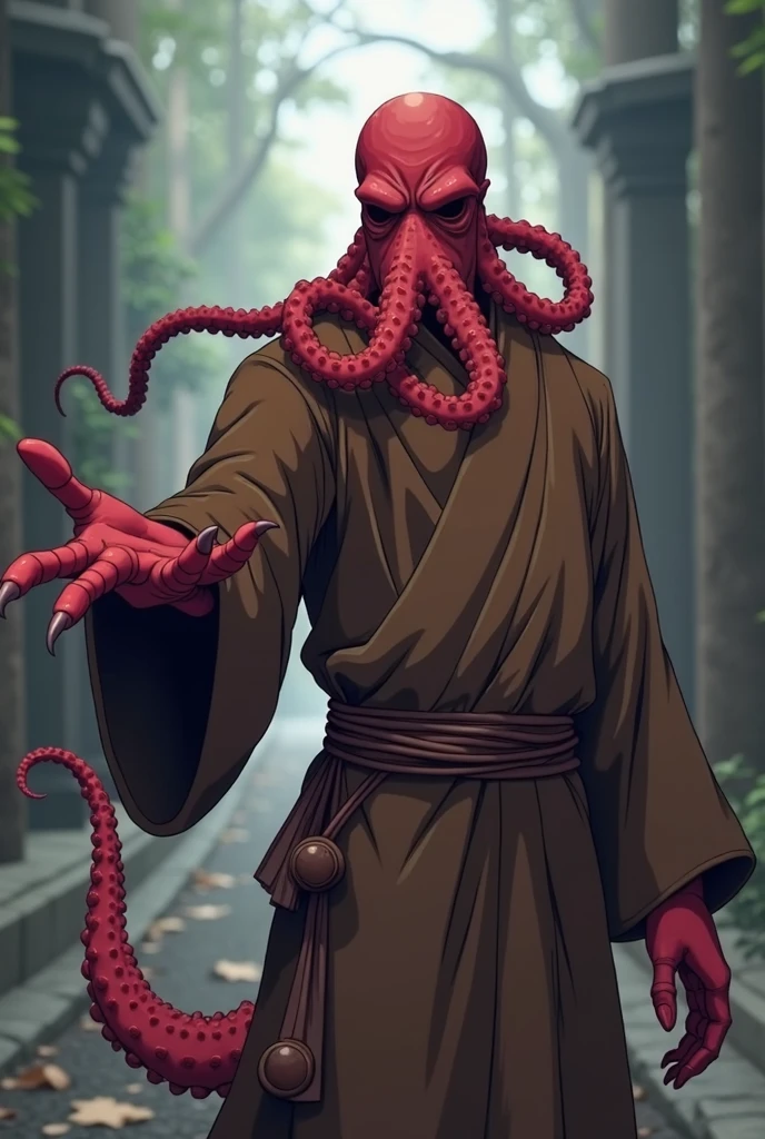 full-length, skinny guy, tentacles instead of arms and legs, greenish skin tone, torn gray robe, one huge red eye