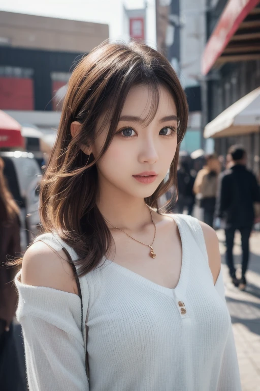 Short length、 ((White knit loose off-shoulder top、Cropped trousers)), Brown Skin、belly button、thin, Medium ponytail、Gray Hair、Messy bangs、Cheeky look、Redness on the cheeks、Raise the corners of the eyes、勝ち誇ったthin眉毛、Young Face、 ((Very detailed)), Perfectly detailed face, Great hands, Photorealistic images、street、Sexy pose、Accurate Arm、Accurate Fingers、