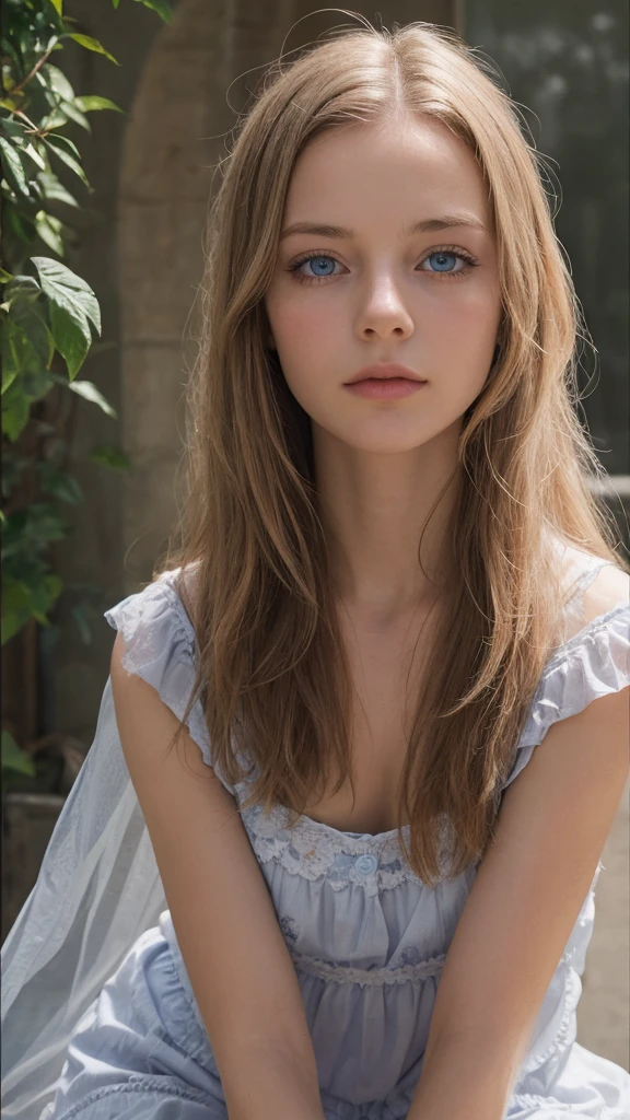 Amelia, a girl with white and pale skin, un rostro suave y delicado, it looked like it was carved by an angel, grayish blue eyes, long, wavy light brown hair, un cuerpo perfecto y bien tallado, single, Amelia era una belleza en persona
