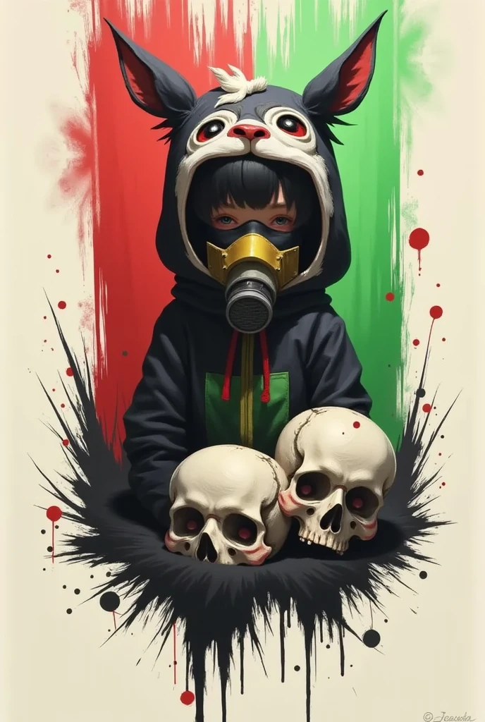 「A girl in a cute animal costume and a gas mask」A logo design that says、horroor logo image、High contrast in red and green、Calligraphy、skull,A woman with a full-body image
