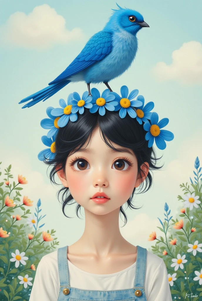 There is a bird on the girl&#39;S head in the painting  ，There is a blue bird on the head,  digital art inspired by Hsiao Rongcheng ,  winner of the Béchamps contest ,  pop surrealism, There&#39; with a bird on her head ,  a beautiful art illustration , Fantasy illustrations, Shin Jin Hye Art,  Beautiful digital illustrations ,  Beautiful digital illustrations , Sachinteng,  crown with blue flowers ,  Lovely illustrations 