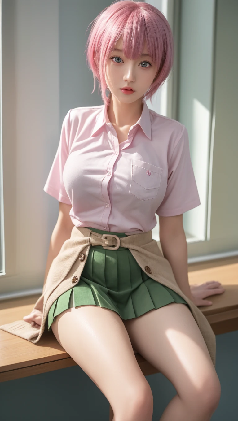 plant, potted_plant, 1girl, pink_hair, leaf, solo, underwear, panties, green_skirt, skirt, blue_eyes, white_shirt, lily_\(flower\), tanabata, looking_at_viewer, breasts, shirt, socks, flower_pot, realistic, lips, short_hair<lora:KaYa:0.56>