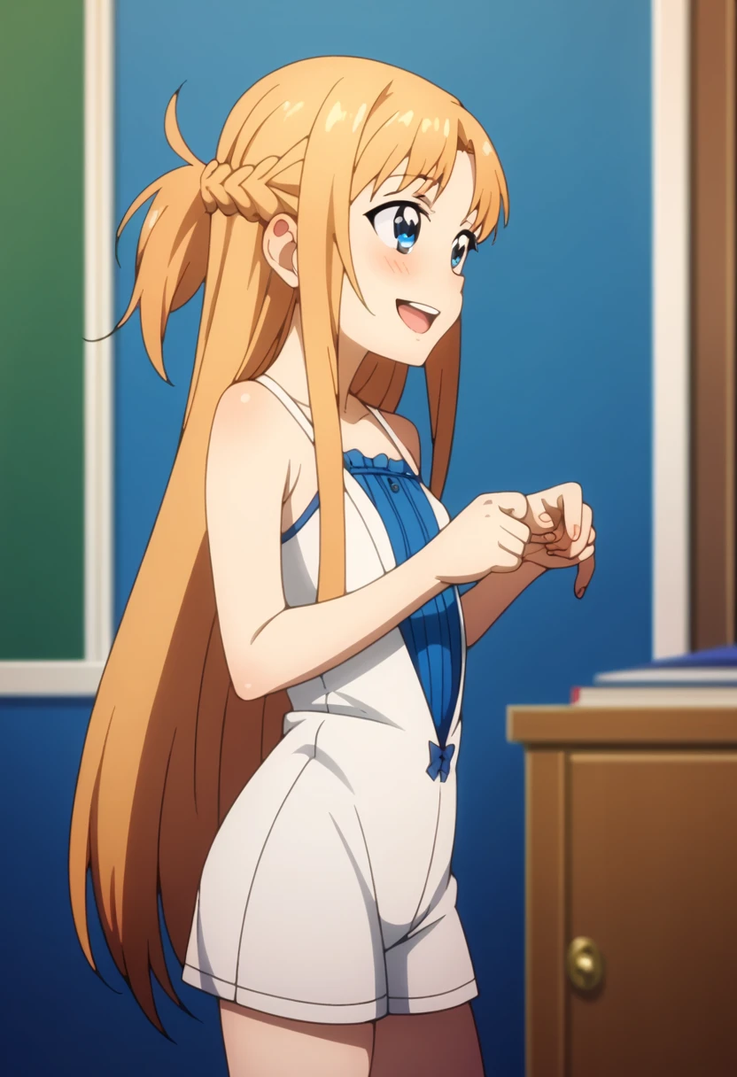 (( best quality)), ((masterpiece)), (be familiar with),  perfect face, indoor, bedroom,  putting their fingers in their lips,
One woman,  Asuna Yuki,
 characters with open mouth ,  ecstatic expression with hands in front of body, blush, smile,
Small breasts,  flat chested, Young girl, Lori,  ,  girl,
 long hair,  long hair,
Leg spread,