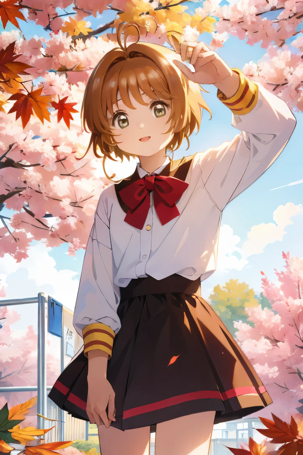 masterpiece,  best quality,  high definition , kinomoto sakura，One young girl， brown hair， short hair, Antenna Hair，Ahoge， sarcasm ，autumn，autumnの紅葉，