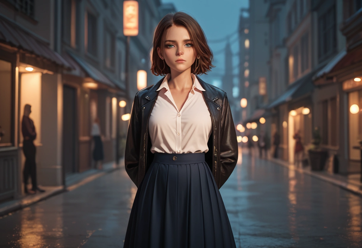 score 9, score 8_up, score 7_up, score real, beautiful face woman, Accurate limb expression、(cry)、((dark medium straight hair)), amazing hourglass figure, (dark color jacket and long skirt),(white collared long sleeve shirt), ((untucked shirt:1.2)), perfect figure, city at night, (standing with　Arms folded behind back) ,Arms behind back, front view, score_9, score_8_up, score_7_up, source real, real skin, BREAK,, score_9, score_8_up, score_7_up, score_9, score_8_up, score_7_up, face,score_9, score_8_up, score_7_up,source_real,real skin, BREAK