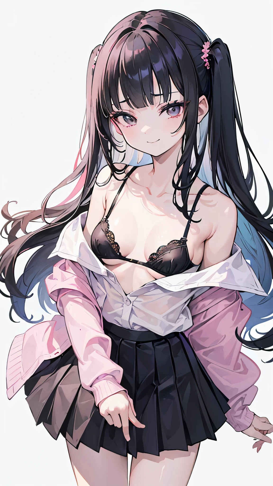 alone, good looking, 1. woman, Hime cut,Straight Long Hair, Black Hair, Red eyes＆Soft impression, Nakano Nino ,hoodie,bra,Sexy,tits,skin,sexy,Embarrassing,White Background