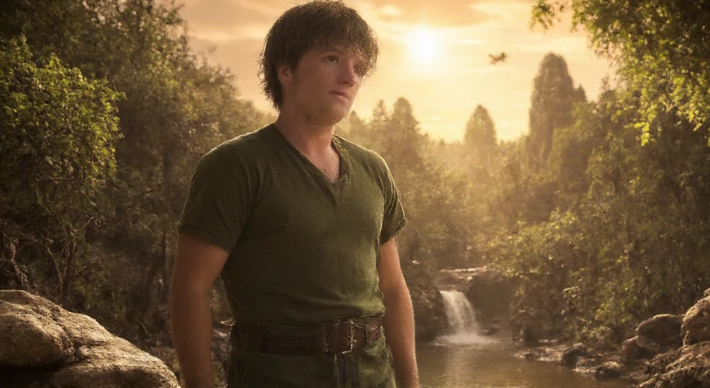 Josh Hutcherson as Peter Pan, standing confidently on a rocky cliff overlooking Neverland. He has tousled brown hair, light skin, and wears a forest-green tunic with a leather belt and boots. The background shows lush forests, sparkling waterfalls, and a golden sunset sky with faint flying ships. Warm, dramatic lighting highlights his adventurous expression and enhances the magical atmosphere. Photorealistic, cinematic depth, captured with a Sony Alpha 7R IV, vibrant colors, and a fairytale charm.