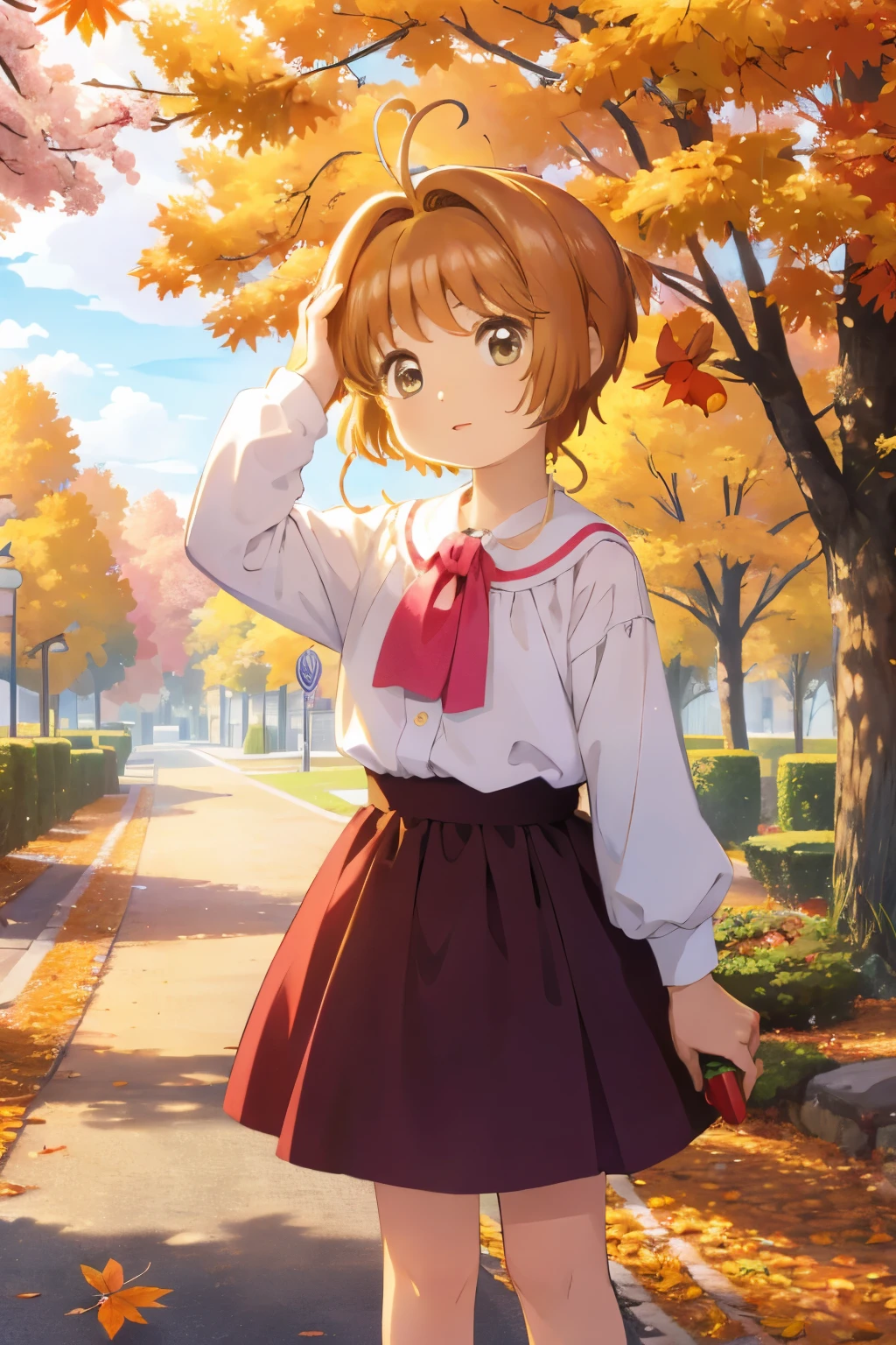 masterpiece,  best quality,  high definition , kinomoto sakura， 1 very young girl，Very short stature， toddler figure ， brown hair， short hair, Antenna Hair，Ahoge， sarcasm ，autumn，autumnの紅葉，