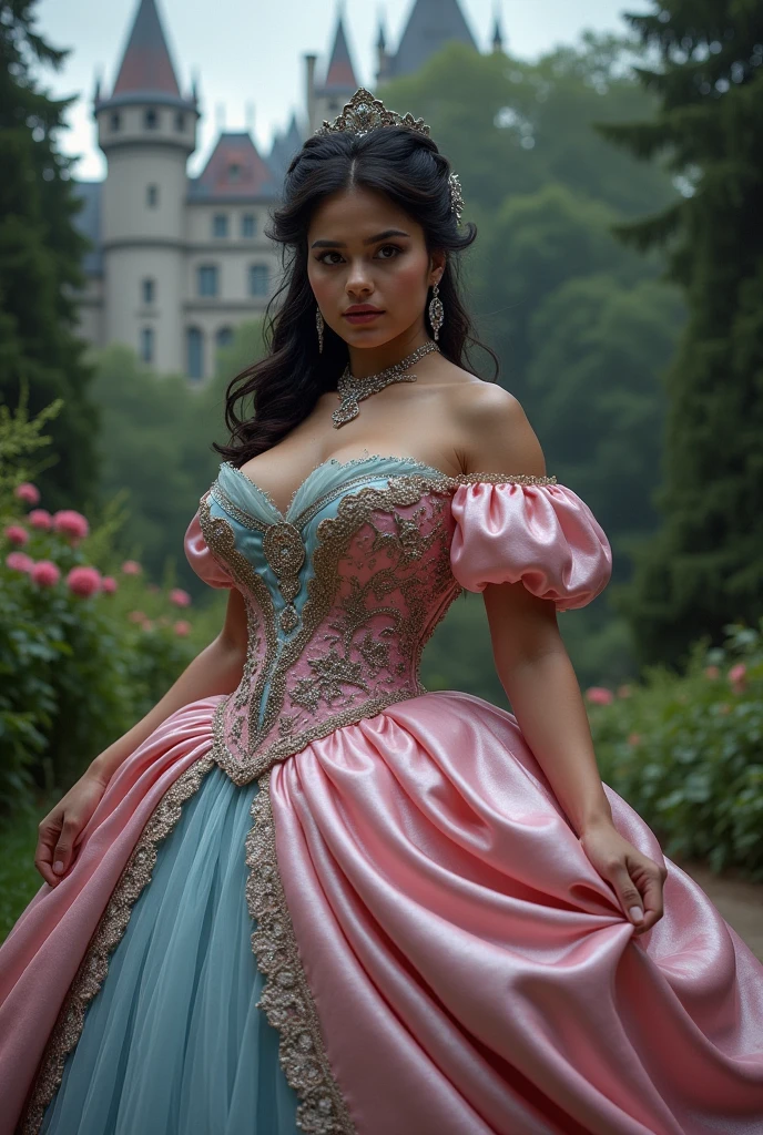 full body , (juliana paes:1.1),dappled light, Photo portrait of Cinderella (Cinderella): Cinderella's iconic blue ball gown, ultra gigantic breasts: 1.3, super huge breasts: 1.3, ultra huge cleavage: 1.3 Glass slippers, And the fairytale makeover makes her a classic choice for Disney princess cosplay.,(shiny dress:1.2)、(Colossal tits:1.2)、beautiful mature lady、45 yers old、Colorful, realitic round eyes, dreamy magical atmosphere, superheroine costume, (Skin Texture) (Film grain), (warm hue, warm tone:1.2), close up, Cinematic Light, side lights
