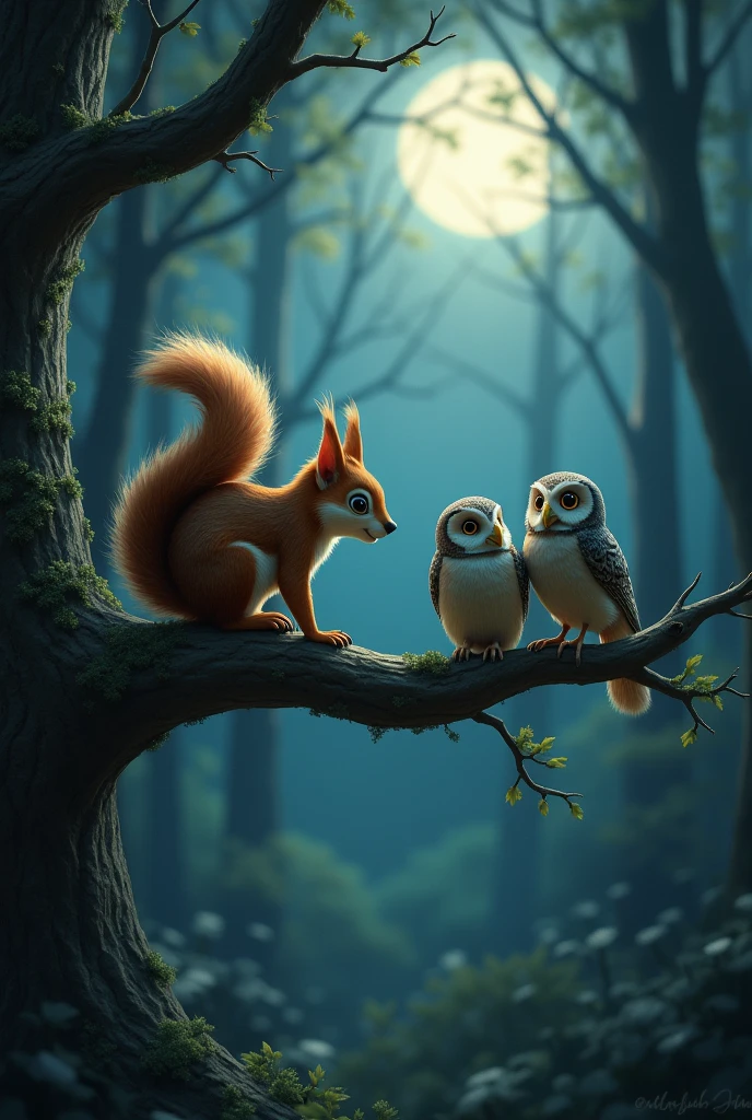 The Wise Old Owl in the Tall Oak Tree

"A wise old owl with large, round glasses perched on a tall oak tree. The background features a forest with soft light and colorful leaves. The owl looks thoughtful and is speaking to a small fox."