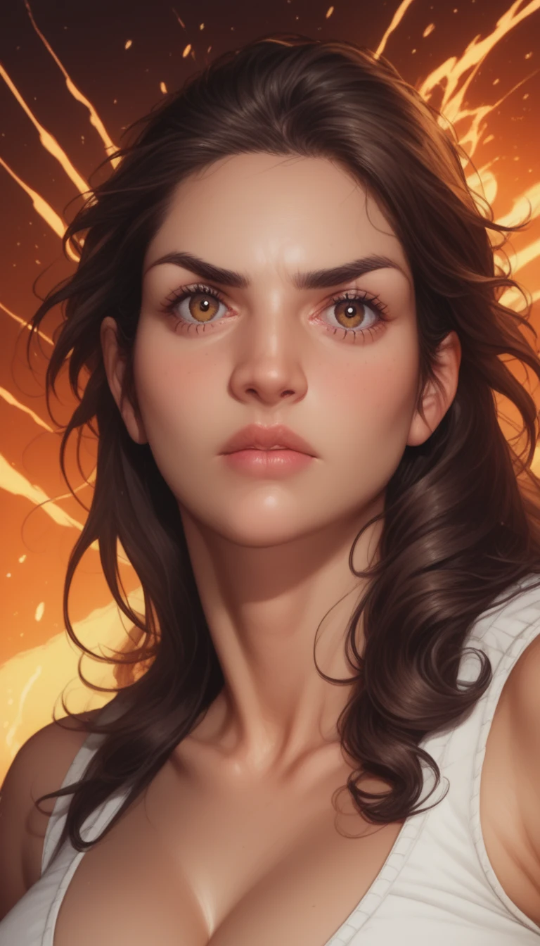 (GeGe:1.3), detailed lips, detailed eyes, detailed eyebrows, detailed hair, detailed face, solo, woman, brunette, long hair, straight hair, light and dark streaked brown hair, (brown eyes:1.2),
 , she has long atraight hair and brown eyes, The girl is standing next to the volcano crater, her face a frown of both astonishment and admiration, her eyes wide open watching the lava flowing next to her. Her impact on the scene is clearly visible on her face, where she is almost motionless, and her eyes glow with a sparkle that reflects the magic of the moment and the majesty of nature. The girl carries an expression of admiration and relief at the same time, and her distinctive face shows that she is aware of the danger of the place and the lethality of the volcano, but she shows a willingness to explore this experience with all possible awareness and enthusiasm., cleavage exposed, big breasts, superior quality, many details, Puri focus Sharp and realistic