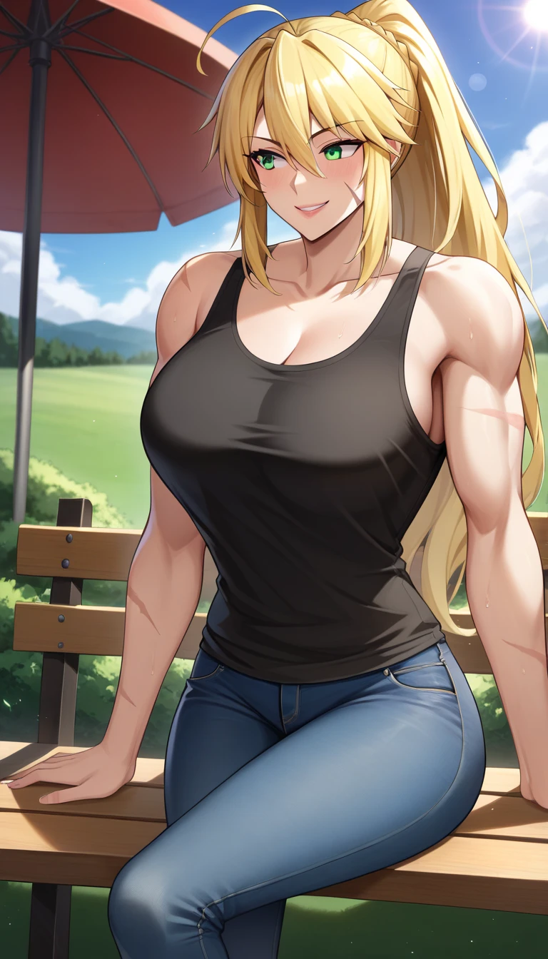 (((throw)), artoria, destination, blonde hair, blue-green eyes,  High resolution, ultra-sharp, 8K,  masterpiece,  looking at the spectator, (( masterpiece)), (( high definition)), (( lyrics)), anime badass 8K,  better noise removal , La  better quality , best render ,  smiling with joy ,  sitting on a wooden bench en el parque, ( better quality :1.3), (4K quality), Good composition, bright green light, Headrest, Lips, ( long hair  atado bajo, (day:1.2), (( masterpiece)), (( high definition)), (( lyrics)), anime badass 8K,  better noise removal , La  better quality , best render , blonde hair, tied hair,  long hair ,  long hair  atado, cintura slim, muscle girl, Full arms, without errors,  long hair  atado, high ponytail, hide breasts , girl smiling,  girl looking forward , blue-green eyes, golden hair, usando su jeans negros y  black sleeveless t-shirt, hide breasts , slim, signs of fatigue, (From behind: 1,9), parada de espaldas, walking away from the camera,  taking a step away from the camera ,  scars on the body , jeans negros,  black sleeveless t-shirt, scars on the arms,  sitting on a wooden bench, alone, only girl , girl smiling de alegría,  hands on the waist,  mature woman ,  looking to the left , varias scars on the arms
